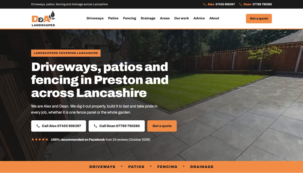 D&A Landscapes landscaper website home page, designed by FOUND