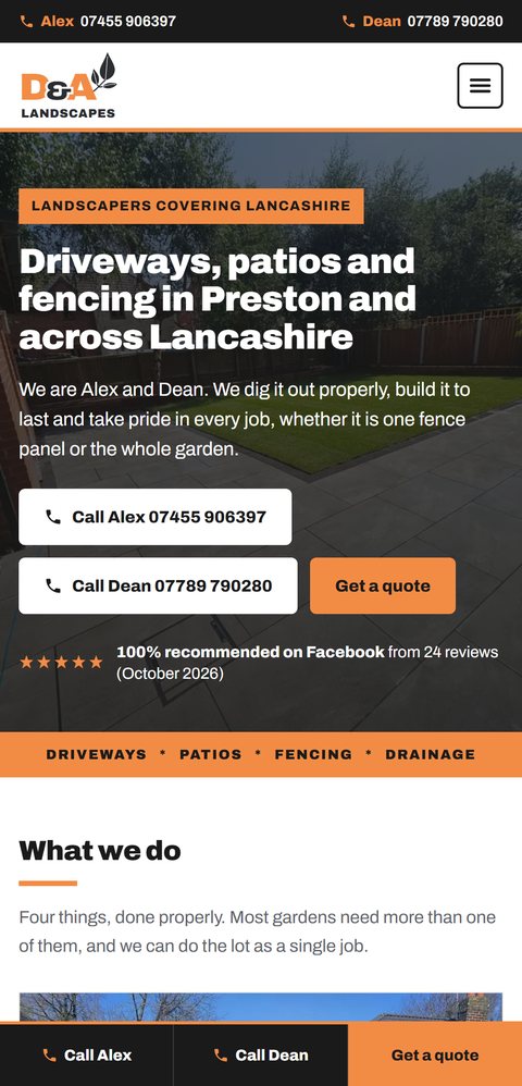 D&A Landscapes website on a mobile phone, with tap-to-call buttons